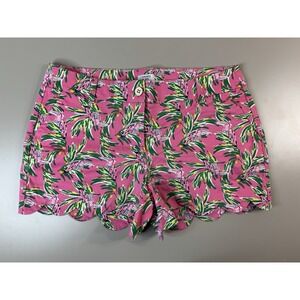 Crown & Ivy Womens Shelby Chino Shorts Sz 12 Pink Bird Scalloped Cotton Stretch